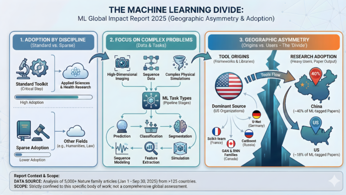 The Machine Learning Divide: Marktechpostās Latest ML Global Impact Report Reveals Geographic Asymmetry Between ML Tool Origins and Research Adoption